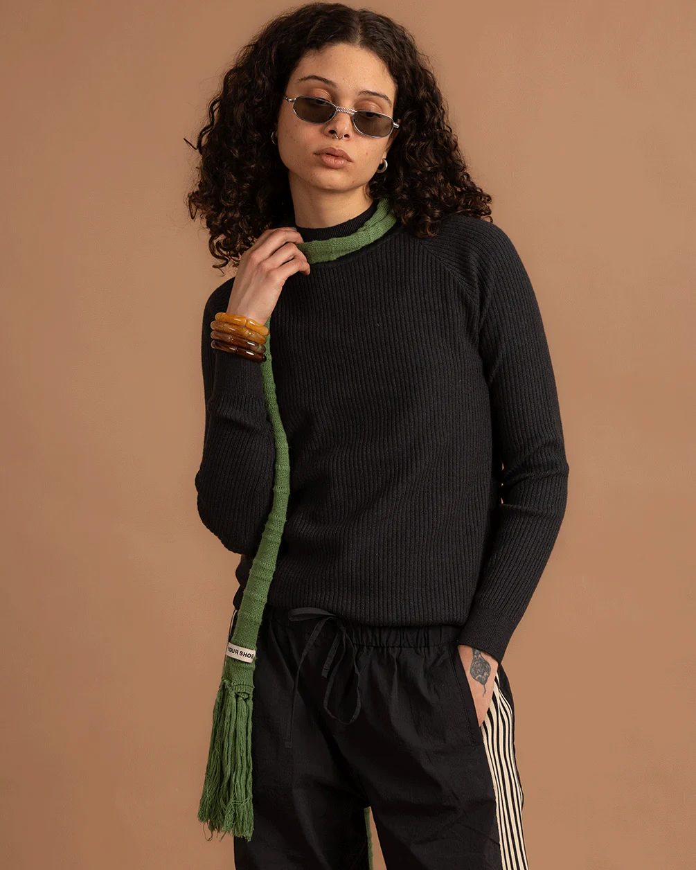 Deep Black Green Ribbed Mock Neck Top - Image 3